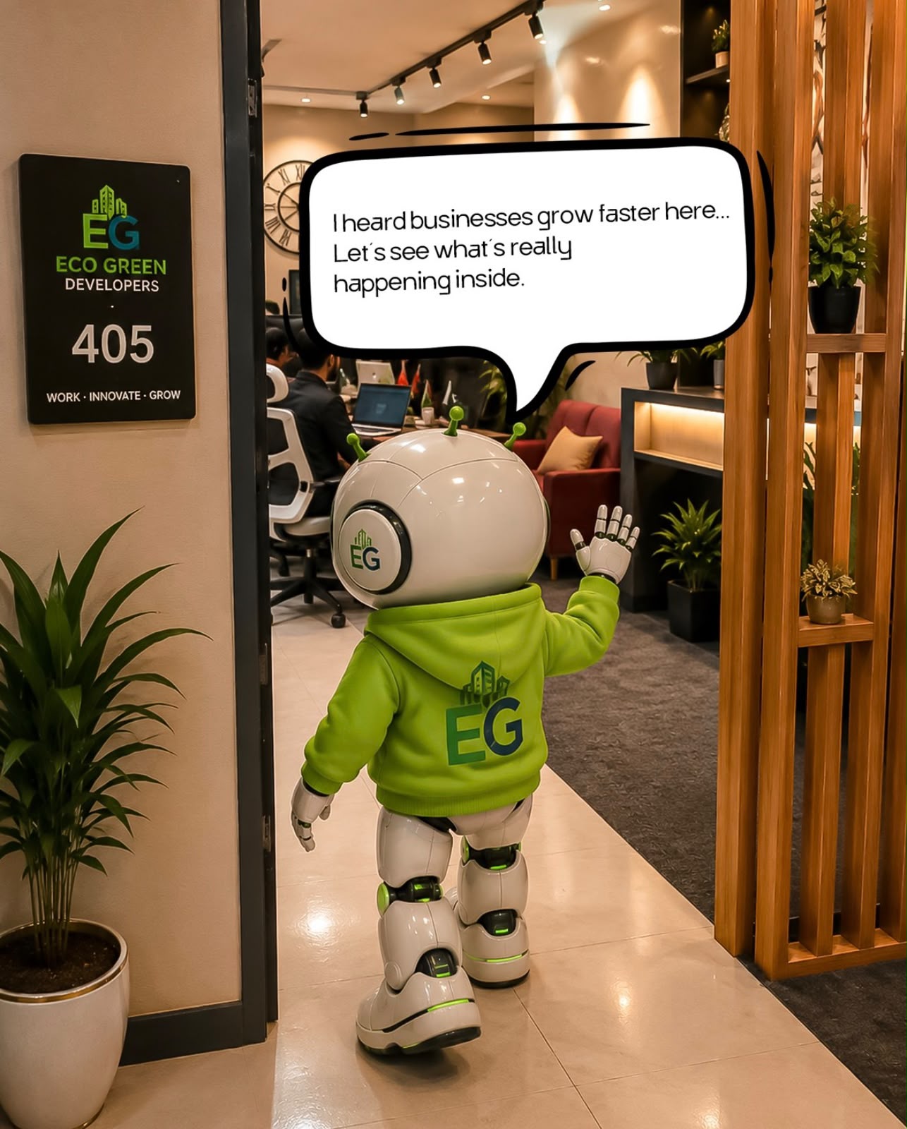Eco Green Developers robot entering the office