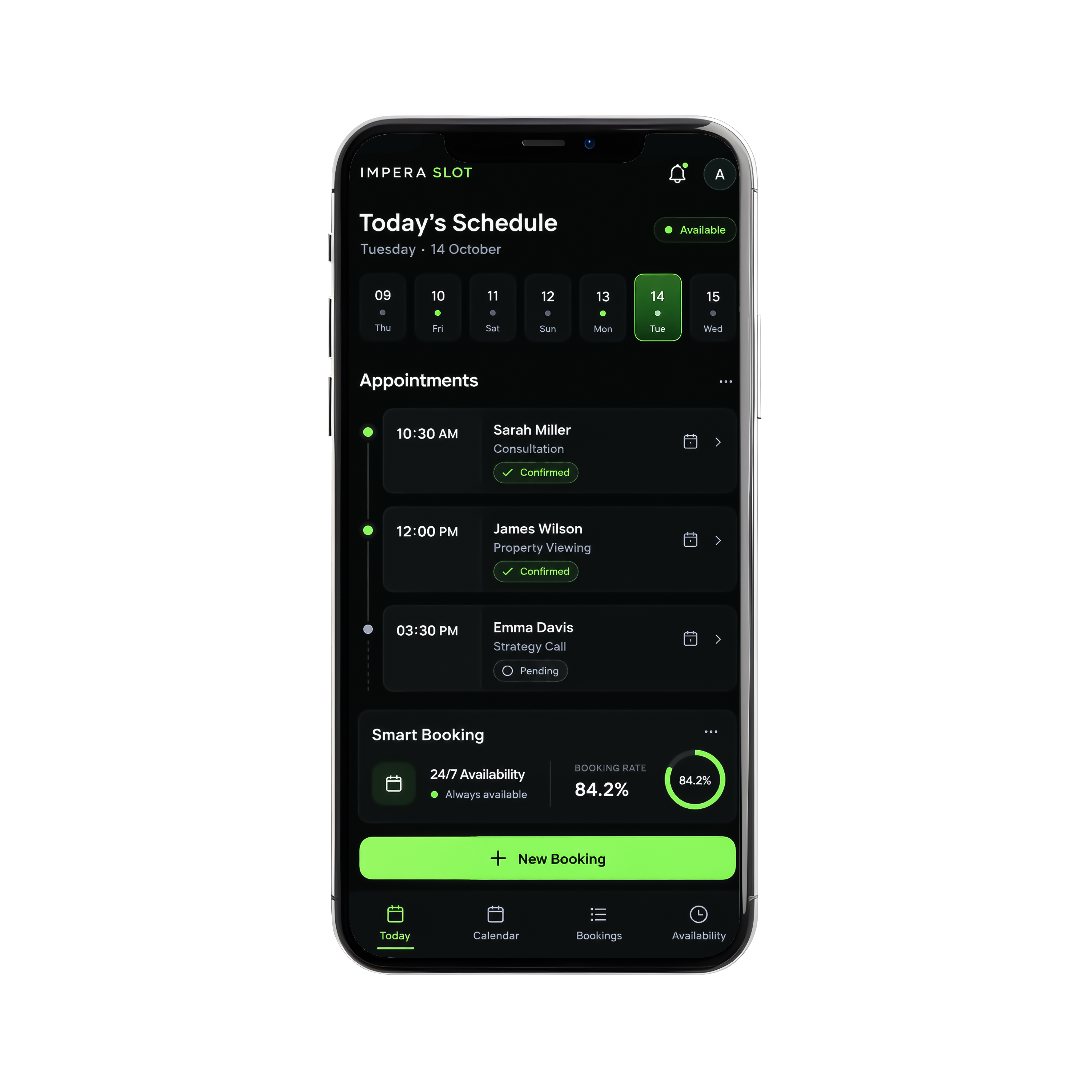 Impera Slot mobile app showing smart appointment scheduling and booking management
